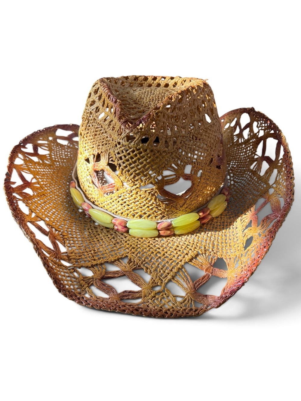 Vintage Mexican Handwoven Straw Cowboy Hat with Yellow Bead Band